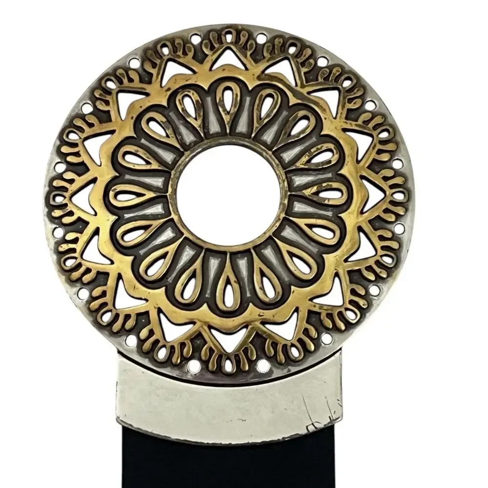 Chicos Genuine Leather Medallion Belt M/L Black Round Buckle Gold Silver Tone